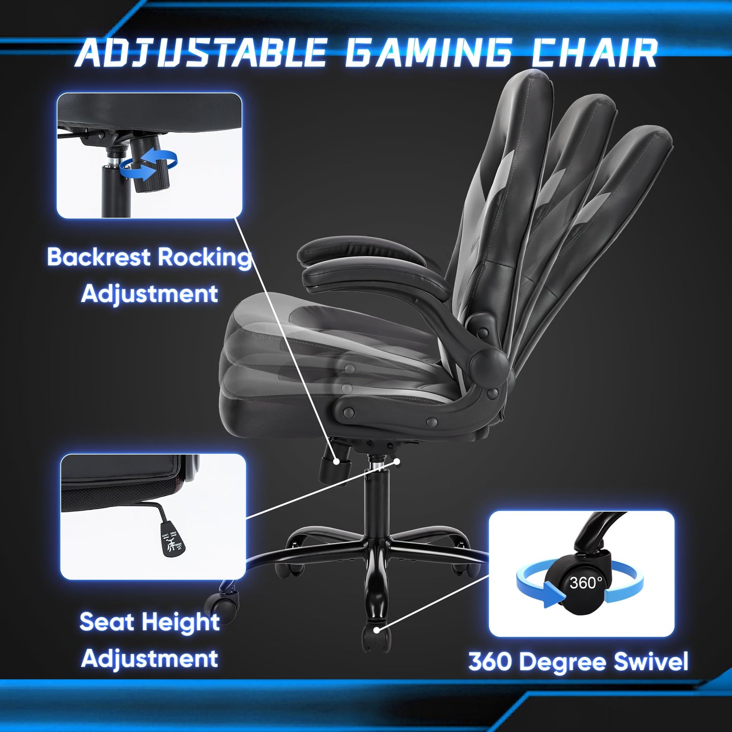 DUMOS Computer Game Desk Chair - Ergonomic PU Leather Lumbar Support, Height Adjustable High Back Video Game with Flip-up Armrest, Rolling Swivel for Adults, Grey