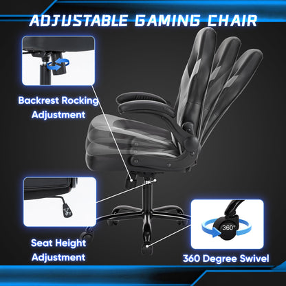 DUMOS Computer Game Desk Chair - Ergonomic PU Leather Lumbar Support, Height Adjustable High Back Video Game with Flip-up Armrest, Rolling Swivel for Adults, Grey