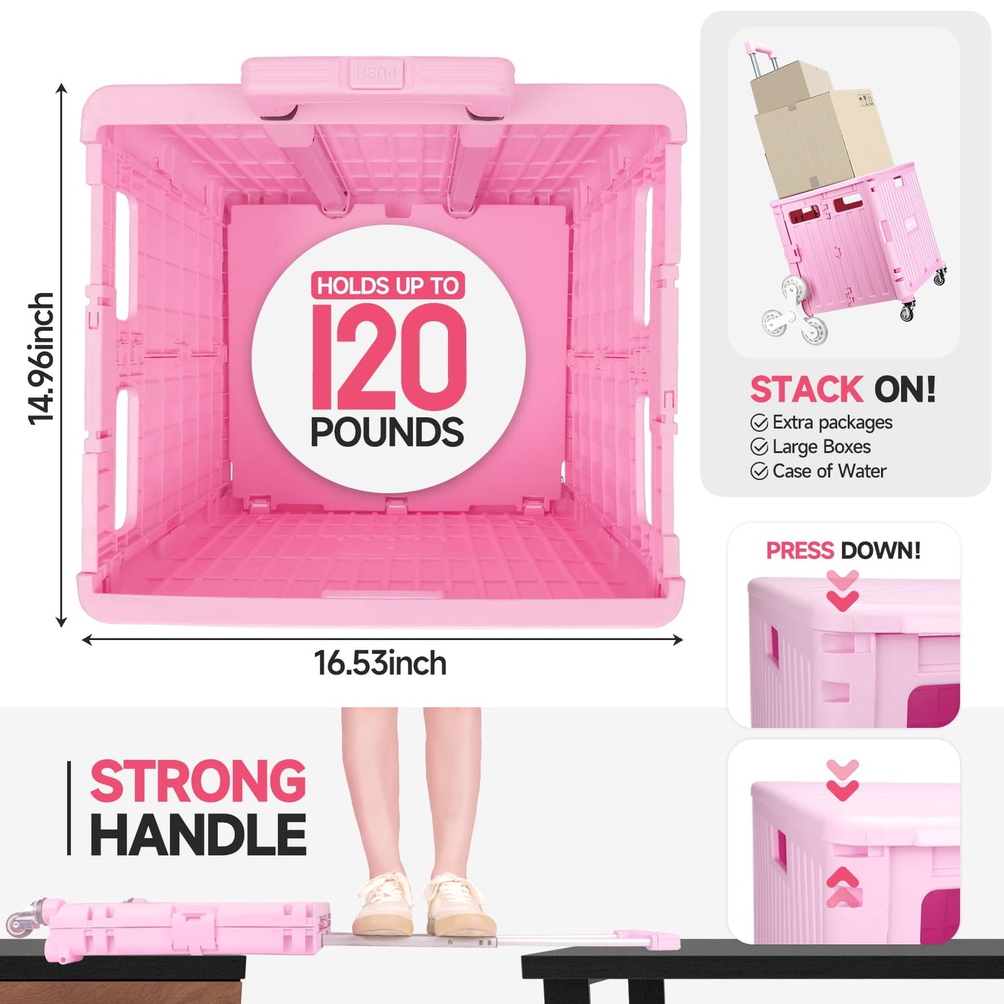 Foldable Rolling Cart for Stair Climbing: Rolling Crate for Grocery File Office Book (Pink)