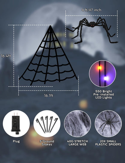 Spider Web Halloween Decorations Lights - 550 LEDs Outdoor Giant Halloween Decor 16.4ft Spider Web with 4ft Light-up Spider, 8 Modes, Waterproof&Timer for Yard Garden, Outside Party (with Spider)