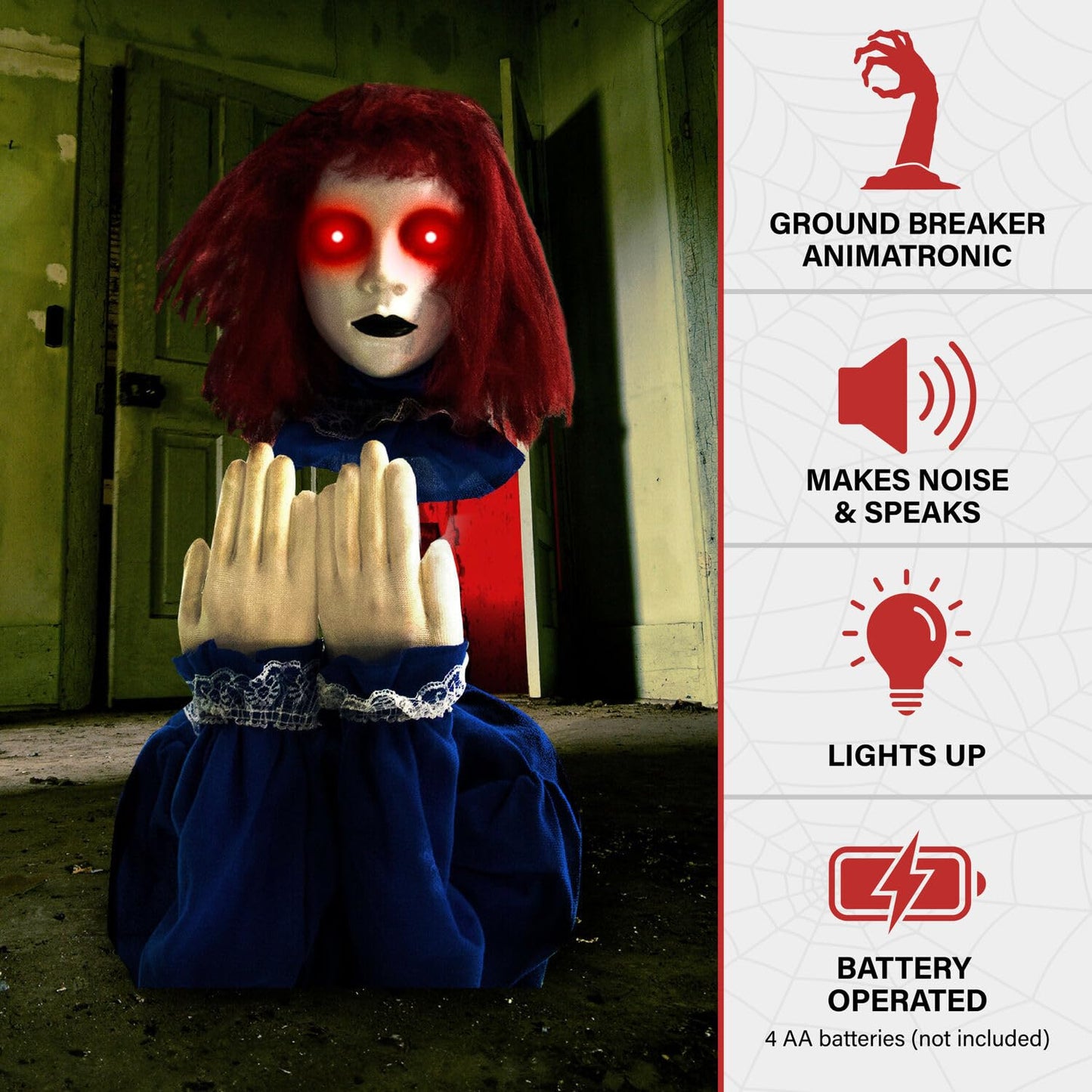 Haunted Hill Farm Scary Pop-up Haunted Doll Halloween Animatronic with Touch Activated Lights and Sound, Battery Operated Indoor or Covered Outdoor Halloween Decorations, Creepy Halloween Props