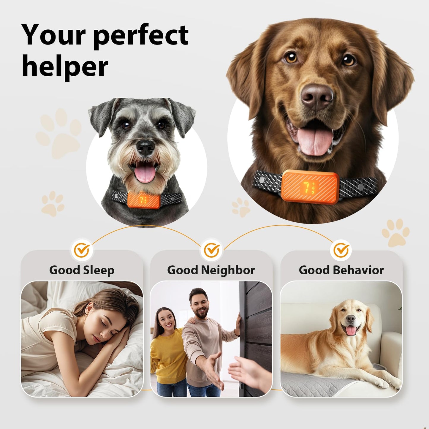 KJKZO Dog Bark Collar for Large Medium Small Dogs, Rechargeable No-Bark Collar, Smart Barking Collar, Effective Bark Collar with 7-Level Sensitivity, 3 Beep & Vibration Modes, Waterproof, Orange