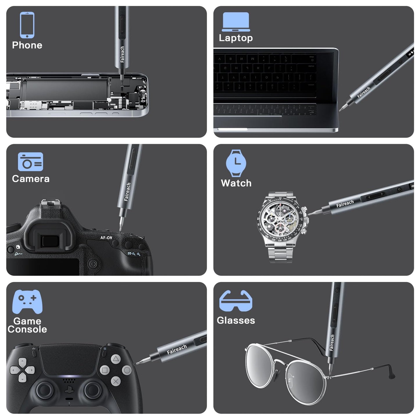 Faireach 65-IN-1 Mini Electric Screwdriver Cordless, 500mAh Precision Screwdriver Magnetic Bits Set with Case, 3 Torques Settings, LED lights, Portable Repair Tool Kit for Electronics Phone Watch