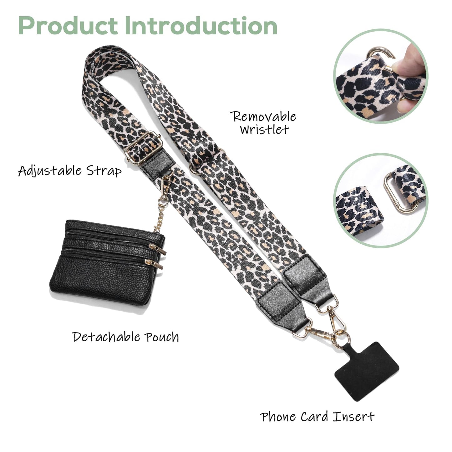 Clip and Go Phone Strap with Wallet Crossbody, Phone Chain Cross Body with Detachable Zippered Pouch, Phone Lanyard with Purse, Adjustable Mobile Strap(Leopard)