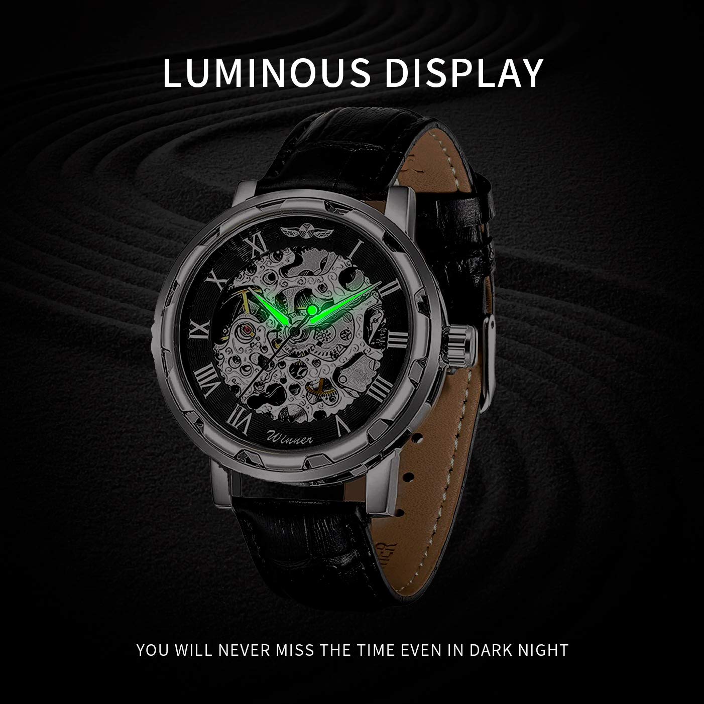 GLEIM Men's Watch, Mechanical Skeleton Steampunk Design Automatic Self-Winding Roman Numeral Silver Case PU Leather Wrist Watch