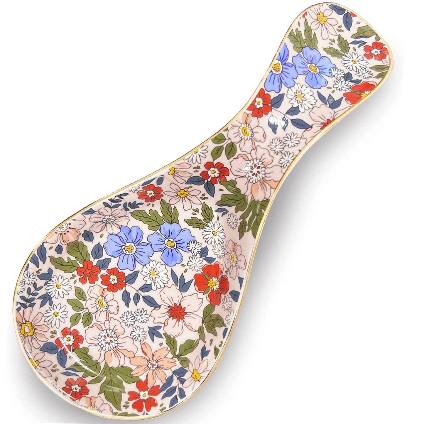 LEAZUL Ceramic Spoon Rest for Stove Top Kitchen Counter Large Spoon Holder Farmhouse Floral Flowers Print Coffee Spoon Cooking Utensil Tools Rest Modern Kitchen Decor