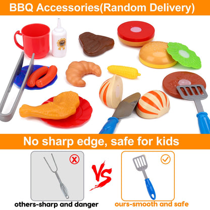 Kids Grill Playset Kitchen Toys with Apron Hat for Cooking Food Smoke Light Outdoor Pretend Play Accessories BBQ Outside Camping Barbecue Toddler Boy Toy 2 3 4 5 Year Old 4-8 Birthday Gift Valentine