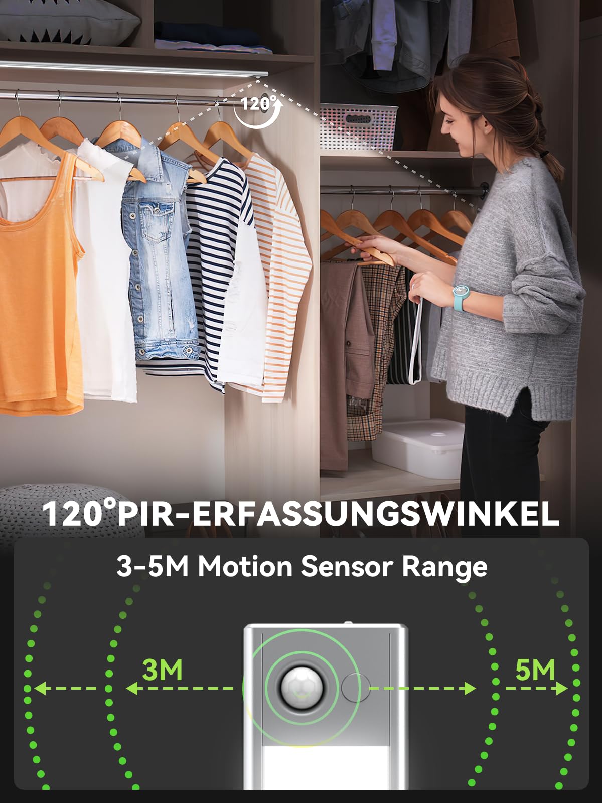 60 cm Under-Unit Light Kitchen LED Dimmable, 216 LEDs Cabinet Lighting with Motion Sensor, 4500 mAh Rechargeable Lighting LED Strip, 3 Colour Modes, Magnetic LED Strip for Cupboard, Wardrobe