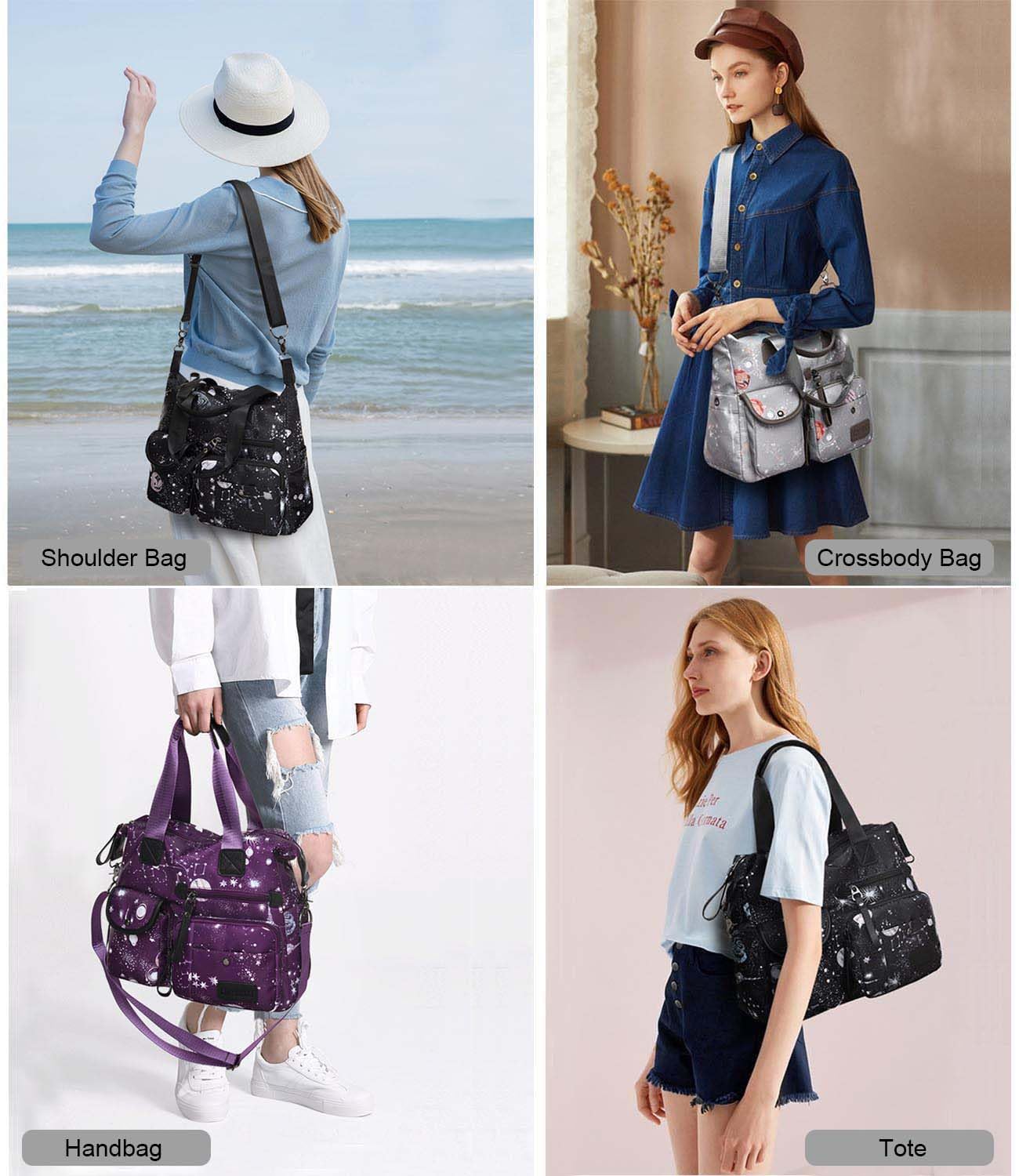 Women's Tote Bag with Multiple Pockets & Zipper,Nurse Bags for Work Nursing Bag,Nylon Tote Handbag for Women,Large Shoulder Handbag Purse,Waterproof Galaxy Cross body Bag for Travel (Purple)