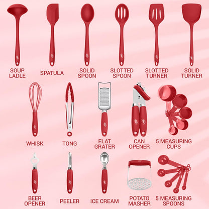 Kaluns Silicone Kitchen Utensils Set 24 Pcs Silicone Cooking Utensils Set - Can Opener, Masher, Turner, Spatula 446°F Heat Resistant Non-Stick - Premium Silicone and Stainless Steel Utensil Set