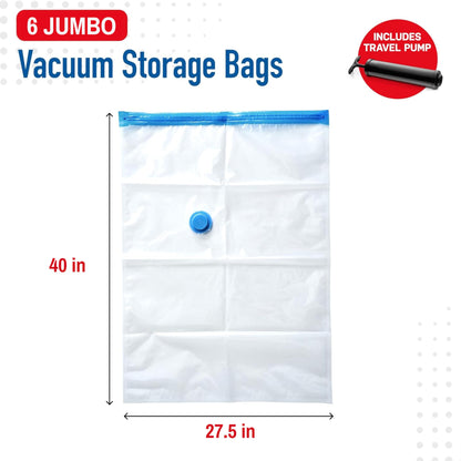 6 Pack Jumbo Vacuum Storage Bags for Comforters, Blankets & Clothes – Jumbo Vacuum Sealed Compression Bags with Hand Pump – Space Saver Storage Bags for Bedding, Moving, Travel & Organization