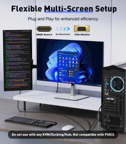 HDMI to VGA Adapter Cable 6FT [Metal Case, Nylon Cable] 1080P@60Hz HDMI Male to VGA Male Uni-Directional Braided Cord for Computer, Laptop, Monitor, Roku, Xbox, Graphics Card More