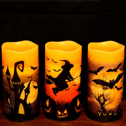 DRomance Flameless Candles Battery Operated with 6 Hour Timer, Halloween Decals Real Wax LED Flickering Pillar Candles Set of 3 Indoor Halloween Window Table Decor(3 x 6 Inches)