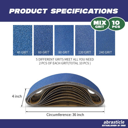 4" x 36" Zirconia Sanding Belts for Metal - 4 x 36 Inch Zirconia Metal Grinding Sand Paper, 10 PCS 2 Each of 40/60/80/120/240 Assorted Grits, Perfect for Metal Polishing, Derusting, Woodworking