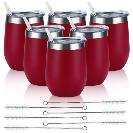 6 Pack Stainless Steel Wine Tumblers, 12Oz Insulated Wine Tumbler, Double Wall Insulated Wine Glass, Stainless Steel Stemless Wine Cups with Lids for Coffee, Wine, Cocktails, Champaign, Wine Red