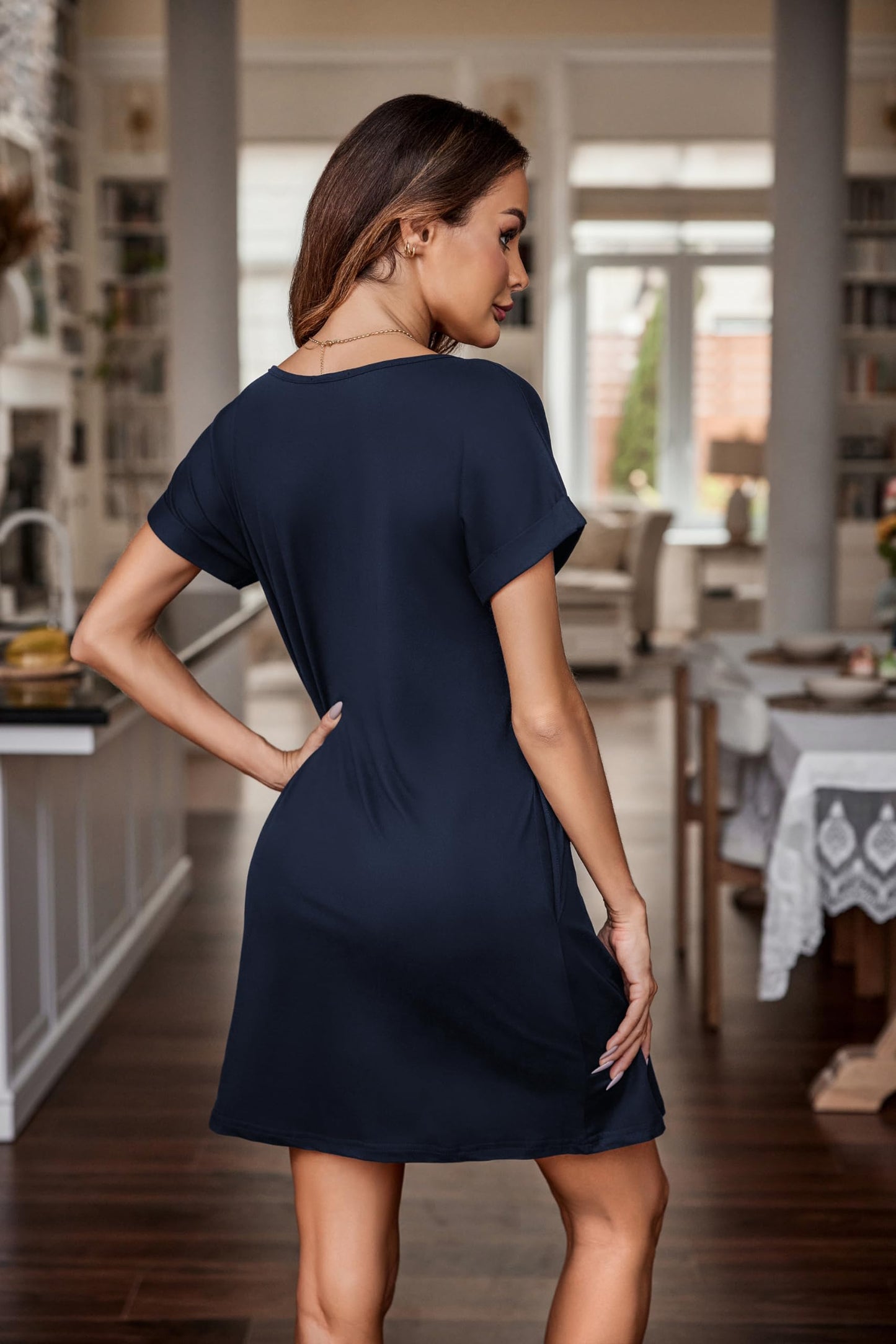 Ekouaer Women's 2 Pack Nightgown Short Sleeve Sleepwear Ladies Sleep Shirt V Neck Nightshirt with Pockets