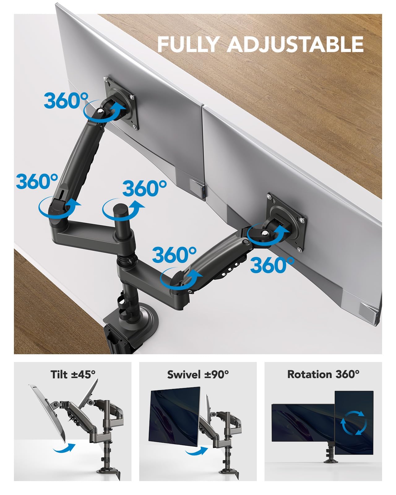HUANUO 17-32 Inch Dual Monitor Stand, Gas Spring Dual Monitor Mount, Monitor Stand 2 Monitors, Ergonomic Adjustable Tilt/Swivel/Rotate, Weight Max 19.8 lbs, VESA 75/100mm