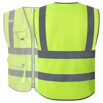 JKSafety 9 Pockets Class 2 High Visibility Zipper Front Safety Vest With Reflective Strips,Meets ANSI/ISEA Standard (Small, 150-Yellow)