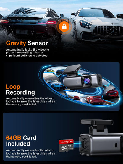 galphi 4K Dash Cam Front, Built-in 5G WiFi, 64GB Card Included, Dash Camera for Cars, Mini Dashcam with Super Night Vision, Loop Recording, G-Sensor, 24 Hours Parking Monitor, Support 256GB Max