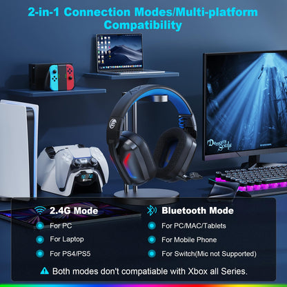 Fachixy Wireless Gaming Headset with Microphone for PC, PS5, PS4, Bluetooth Gaming Headphones - Fast Charge 50Hr Battery, Cool LED Lights for Switch, Laptop, Mobile, Mac 2.4GHz Gamer Headset