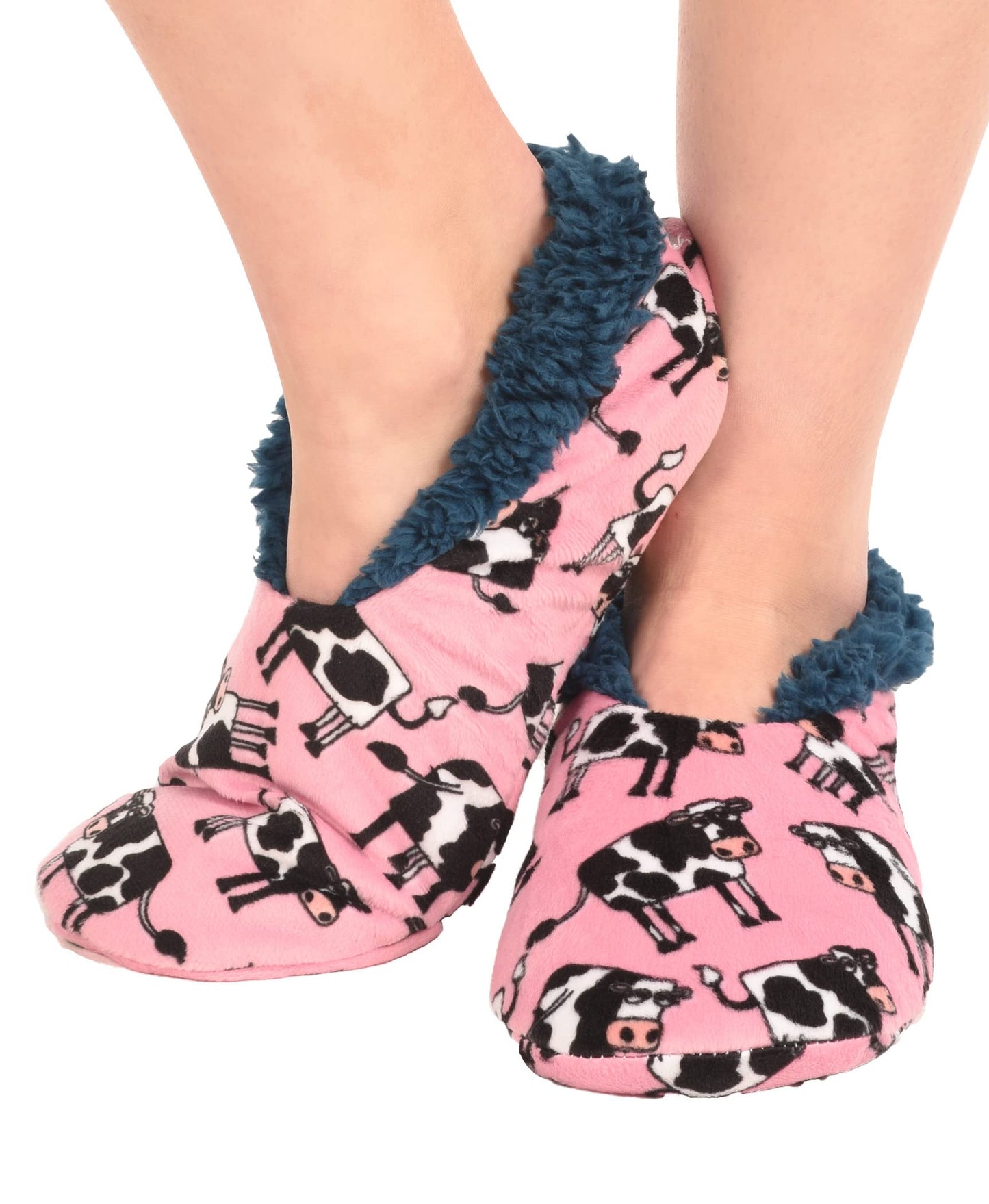 Lazy One Fuzzy Feet Slipper Socks for Women, Cute Fleece-Lined House Slippers, Cow, Moody, Non-Skid