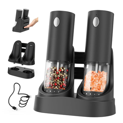 CIRCLE JOY Electric Salt and Pepper Grinder Set Automatic Salt and Pepper Grinder Set with Easy-to-Carry Charging Base and LED Light, USB Rechargeable, Upgrade External Adjustable Coarseness