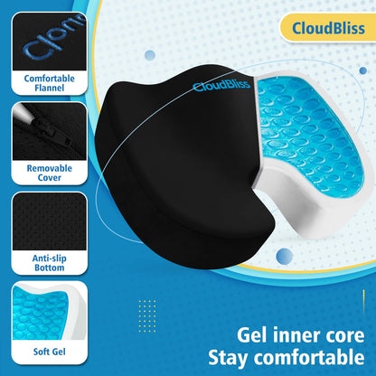 CloudBliss Gel Seat Cushion - Cooling Gel Enhanced Memory Foam Ergonomic Seat Cushion - Back, Sciatica, Coccyx, Tailbone Pain Relief for Office, Game, Car, Automotive, Airplane (Large, Black)