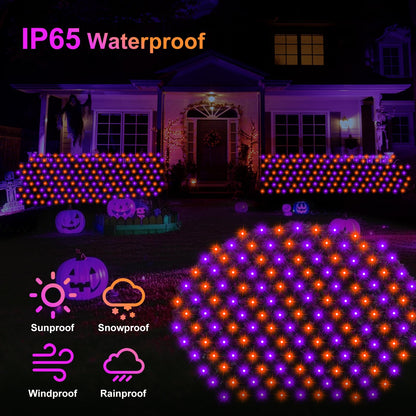 echosari Halloween Net Lights Battery Operated, 5ft ×5ft 100 LED Net Lights with Remote Timer Dimmable Garden Mesh Lighting for Bush Fence Wall Party Decor (Purple Orange)