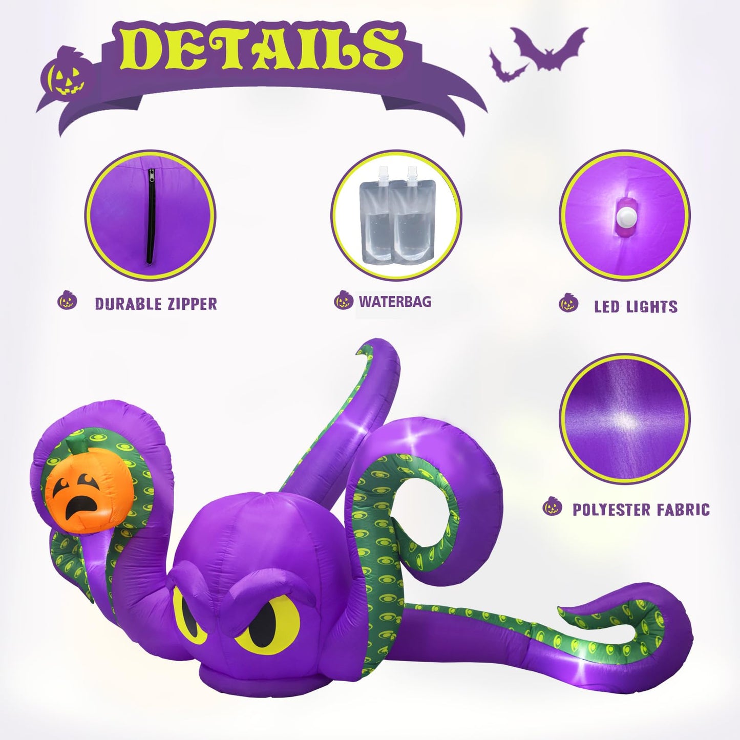 12Ft Halloween Inflatables Giant Octopus Purple Sticky Pumpkin LED Light Blow up Halloween Decor for Carnival Party Store Outdoor Yard Lawn Decorations