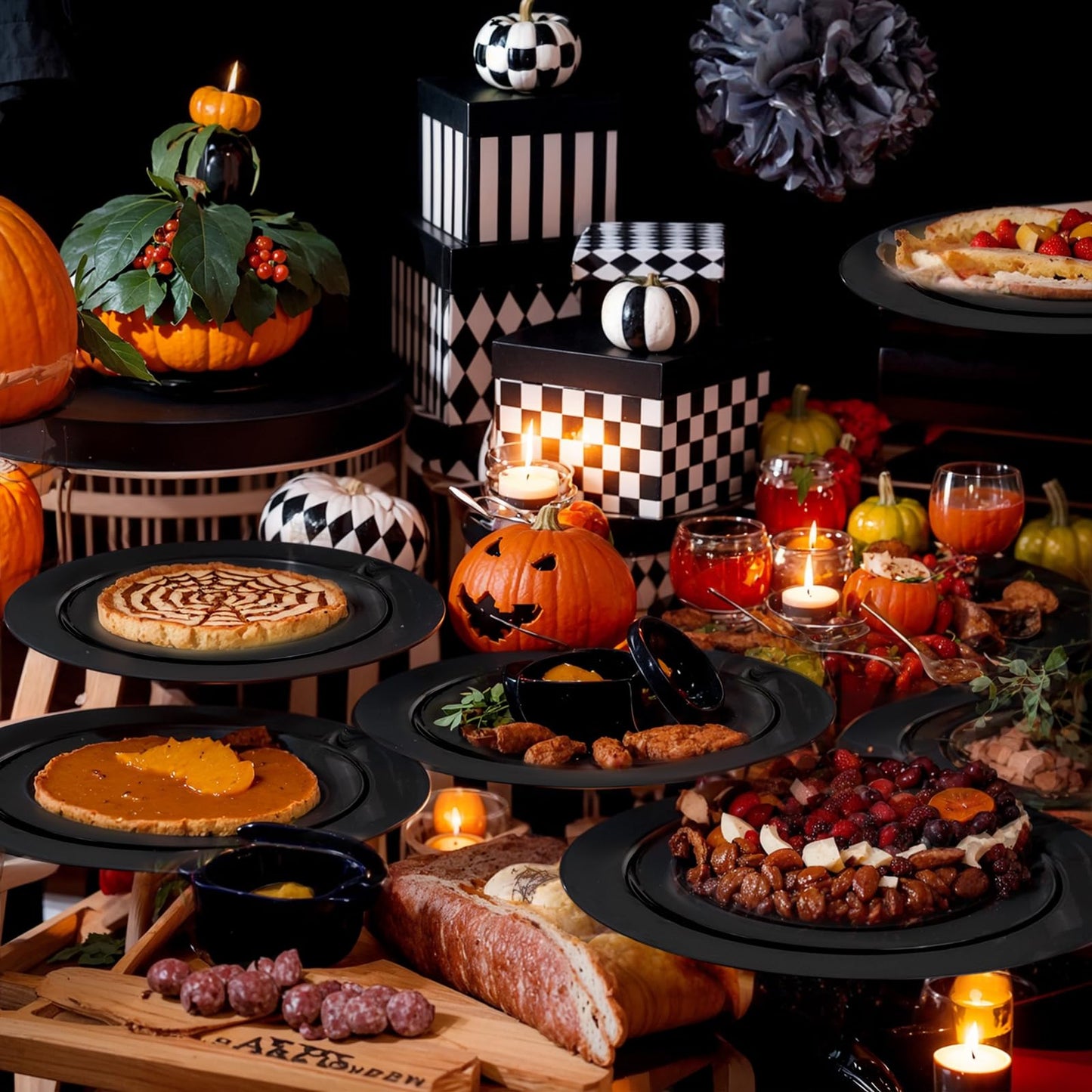 FLOWERCAT 100PCS Black Plastic Plates - Heavy Duty Black Disposable Plates for Halloween Party/Birthday/Wedding/Father's Day- serve 50guests 10 inch and 7 inch Set