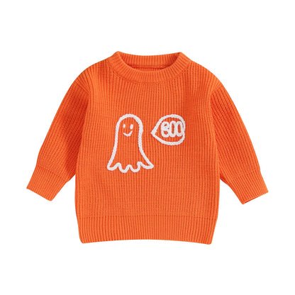 Kuriozud Toddler Baby Boy Girl Halloween Outfit Knit Ghost Boo Pullover Sweater Crewneck Sweatshirt Soft Warm Fall Winter Clothes (Ghost Orange,5-6 Years)