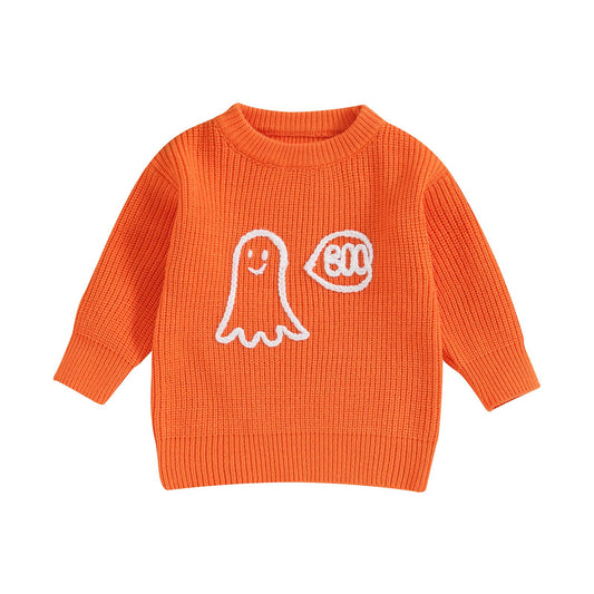 Kuriozud Toddler Baby Boy Girl Halloween Outfit Knit Ghost Boo Pullover Sweater Crewneck Sweatshirt Soft Warm Fall Winter Clothes (Ghost Orange,5-6 Years)
