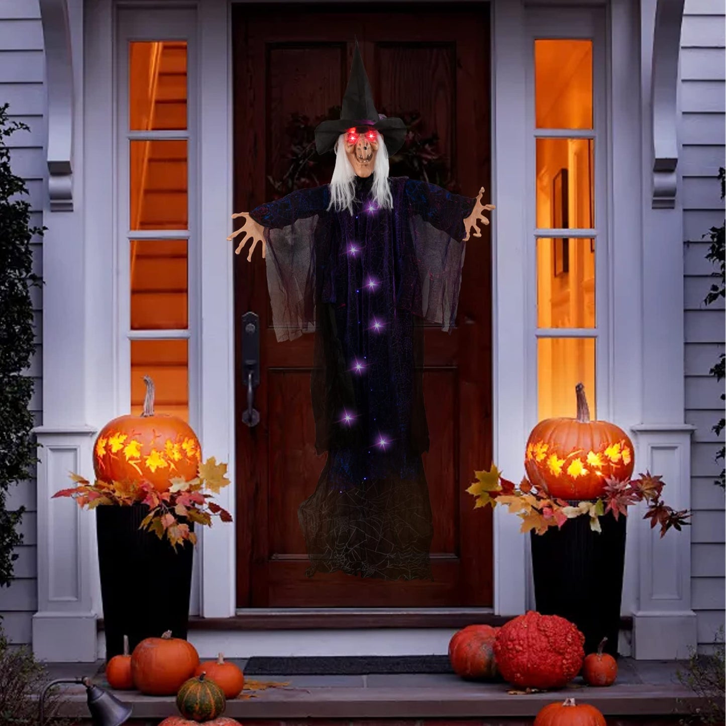 FUNPENY 6 FT Hanging Witch Outdoor Halloween Decorations, Light Up Hanging Witch with Sound Activation for Halloween Haunted House Props Party Supplies Yard Outdoor Indoor Decor
