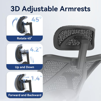 Ergonomic Office Chair, 3-Level Tilt Backrest, 3D Headrest, 3D Armrest and Retractable Footrest, Mesh Breathable SGS Class 4 Gas Clylinder, Black