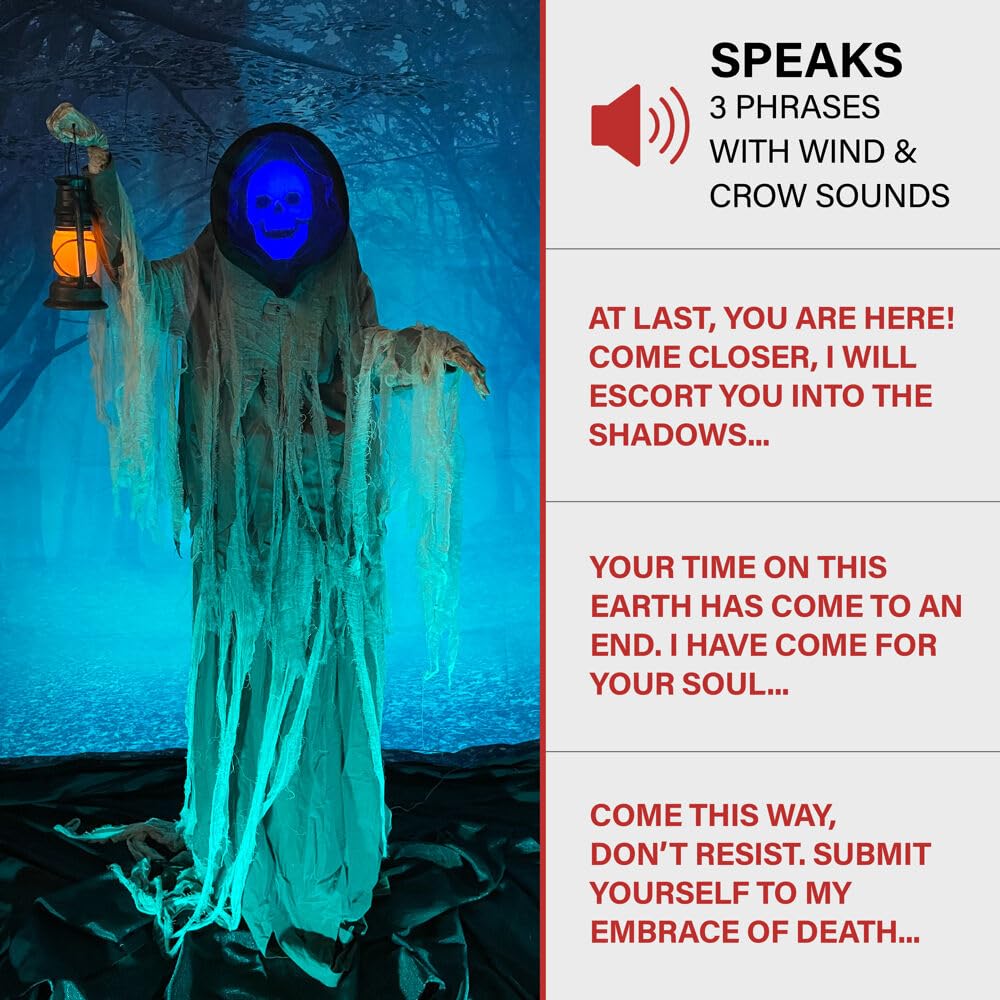 Haunted Hill Farm Motion-Activated Looming Phantom, Plug-in Talking Halloween Animatronic for Standing or Hanging Indoor or Covered Outdoor Creepy Decorations