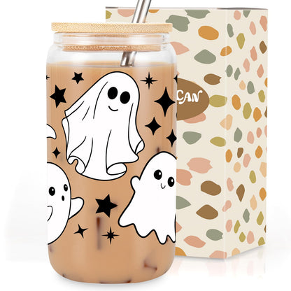 Coolife Ghost Halloween Cup, 16 oz Tumbler Glass Cups w/Lids Straws - Spooky Iced Coffee Mug for Smoothie, Cute Halloween Gifts for Women, Girls - Boo Basket Stuffers, Spooky Gifts for Teens, Her