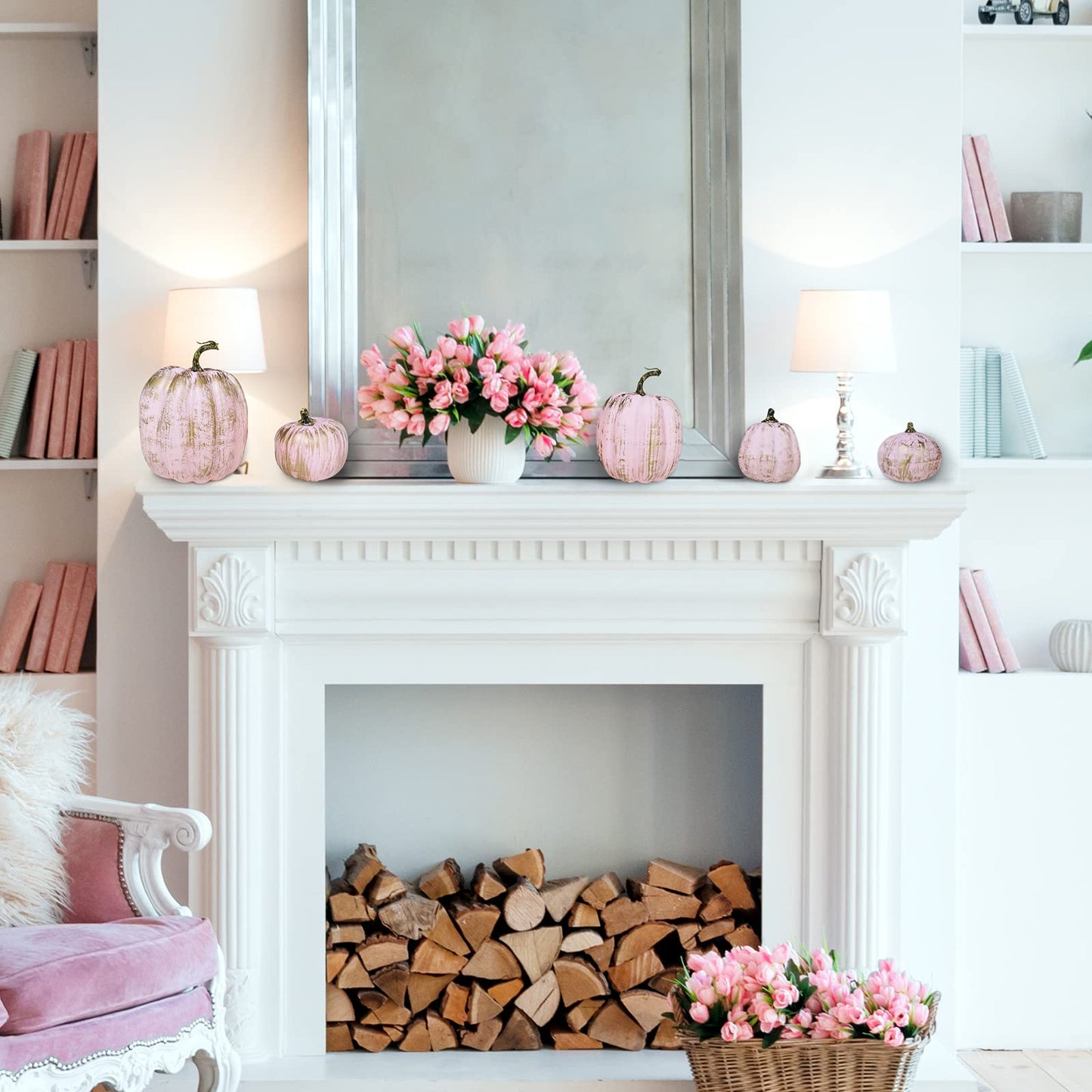 7 Pcs Assorted Artificial Gold Brushed Pink Pumpkins Rustic Decorative Foam Pumpkins for Fall Halloween Harvest Wedding Baby Shower Tabletop Centerpiece Mantel Kitchen Decoration