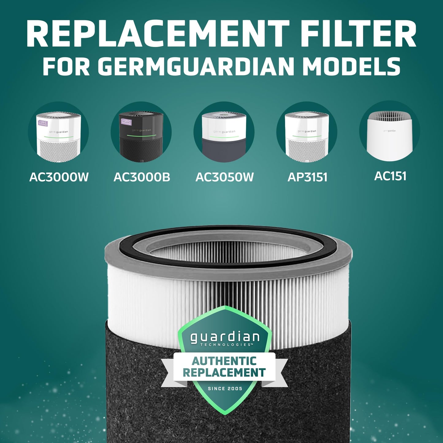 GermGuardian Filter V Smoke Clear HEPA Genuine Air Purifier Replacement Filter, Removes 99.97% of Pollutants, Wildfire Smoke, Toxins and Odors, for AC3000, AC3050, AP3151, AC151, Black/Gray, FLT151SM