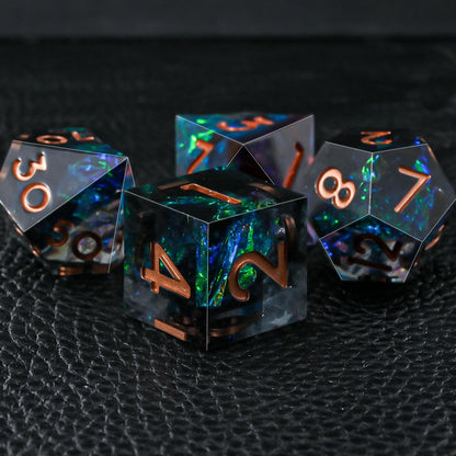 DND Dice Set Sharp Edge Dice Set 7 Piece DND polyhedral Dice Numbers with Gold Leaf Exquisite Tin Box Packaging,Ideal for Dungeons & Dragons RPG and Board Games (Black Copper Lettering)