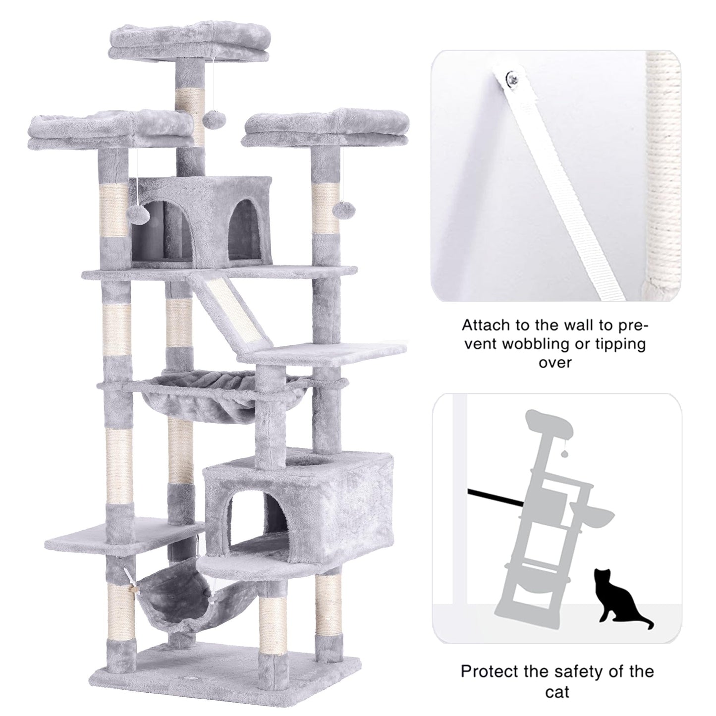 Heybly Cat Tree, 73 inches Tall Cat Tower for Large Cats 20 lbs Heavy Duty for Indoor Cats,Big Cat Furniture Condo for with Padded Plush Perch, Cozy Basket and Scratching Posts Light Gray HCT030W