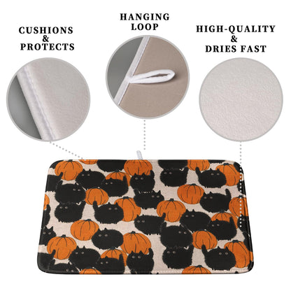 Happy Halloween Dish Drying Mat for Kitchen Counter 18x24 Inch Cute Pumpkin Black Cat Trick or Treat Drying Mats Large Microfiber Absorbent Dish Rack Pad for Coffee Bar Sinks Home Accessories