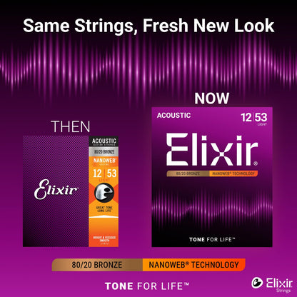 Elixir Strings, Acoustic Guitar Strings, 80/20 Bronze with NANOWEB Coating, Longest-Lasting Bright and Focused Tone with Comfortable Feel, 6 String Set, Light 12-53