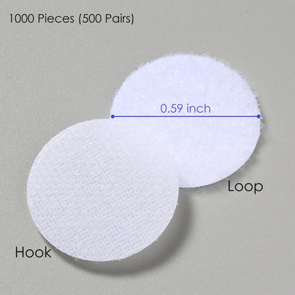 JUMINIZ 1000 Pcs (500 Pairs) 0.59inch Diameter Hook and Loop Fastener Self Adhesive Round Circle Sticky Sticker Dots for Arts and Crafts School Classroom Home and Office Use, White