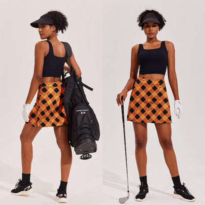 Ekouaer Womens Halloween Skirt Skorts with Pockets High Waisted Pickleball Skirts Printed Tennis Skorts,Orange Print XL