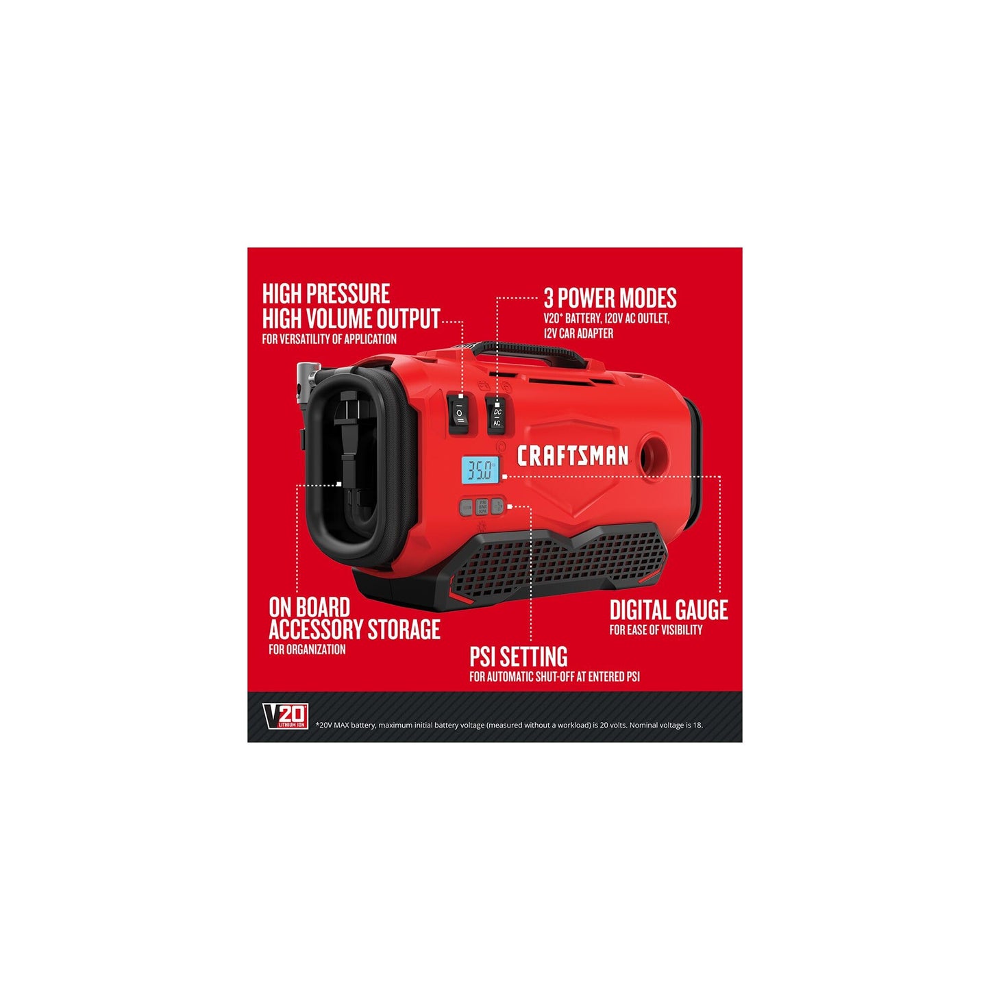 CRAFTSMAN V20 Tire Inflator, Portable Air Compressor, 3 Modes: Cordless, 120V Corded, and 12V Car Adapter, Air Pump, Battery Sold Separately (CMCE520B)