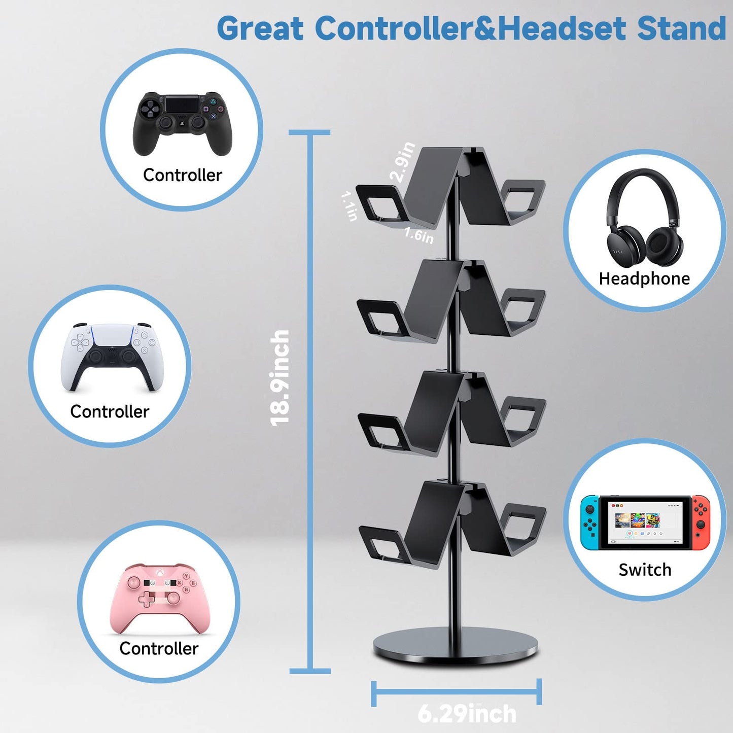 Karanava Controller Holder 4 Tier,Headphone Stand - Adjustable Headset Holder for Xbox PS5 PS4 Switch Pro - Gaming Storage for Universal Game Accessories,Desk/Floor(Black)