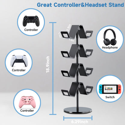 Karanava Controller Holder 4 Tier,Headphone Stand - Adjustable Headset Holder for Xbox PS5 PS4 Switch Pro - Gaming Storage for Universal Game Accessories,Desk/Floor(Black)