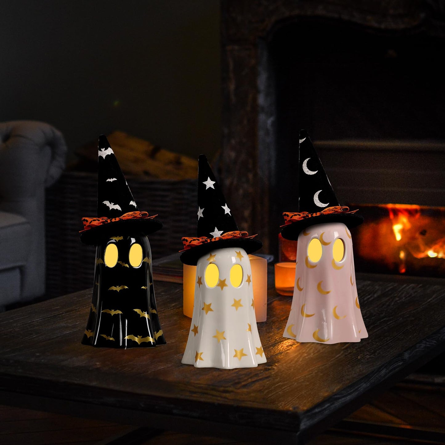 DAZONGE Halloween Decor Indoor, Set of 3 Ceramic Ghosts with Witch Hats, Cute Spooky Ghost Figurines for Mantel, Shelf & Tabletop Decor, Halloween Decorations