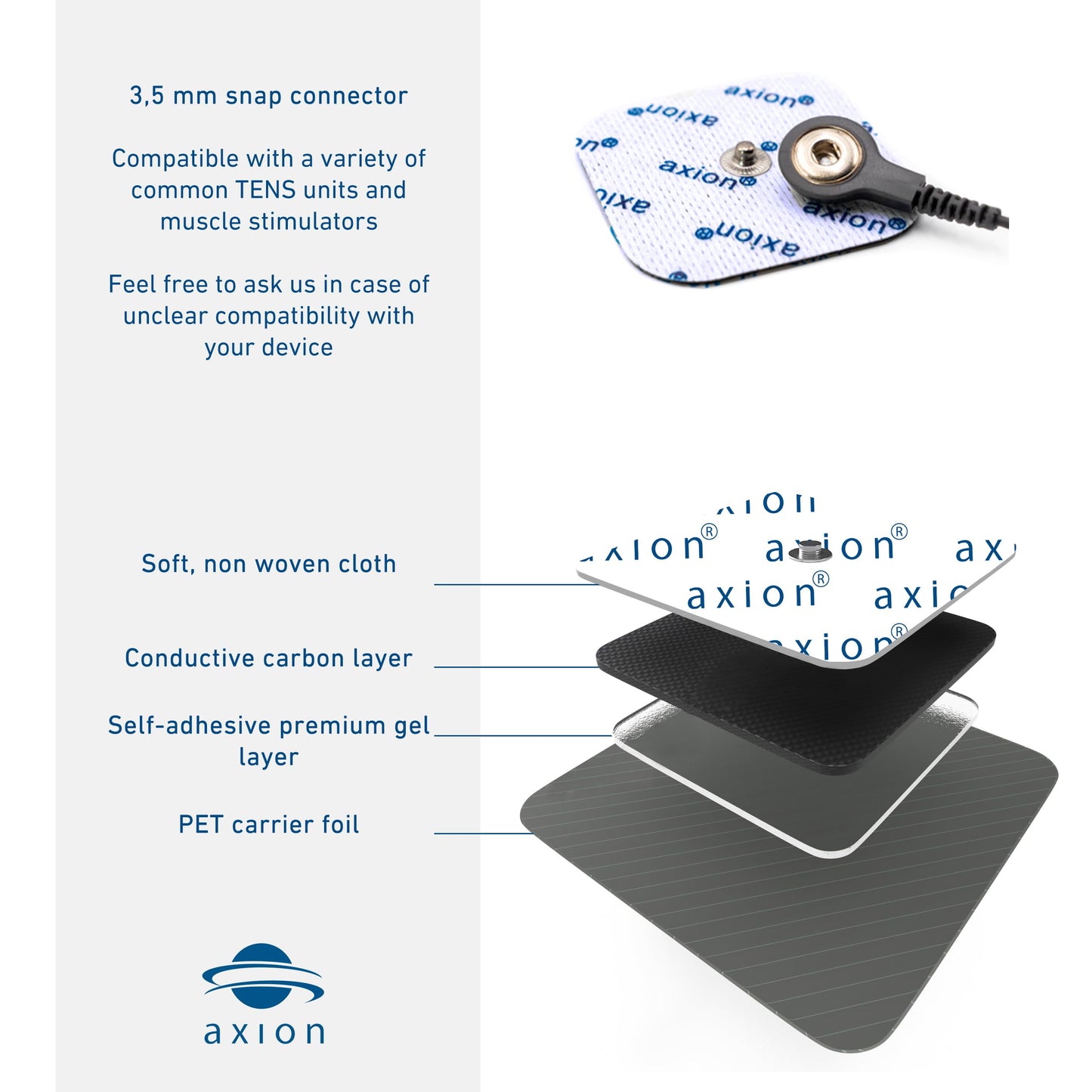 12 axion TENS Unit Electrode Pads Mix Set - 8 Square 2x2'' and 4 Rectangular 4x2'' Replacement Pads with 3,5mm Snap Button for TENS Machines and Muscle Stimulators | Reusable Self-Adhesive Electrodes