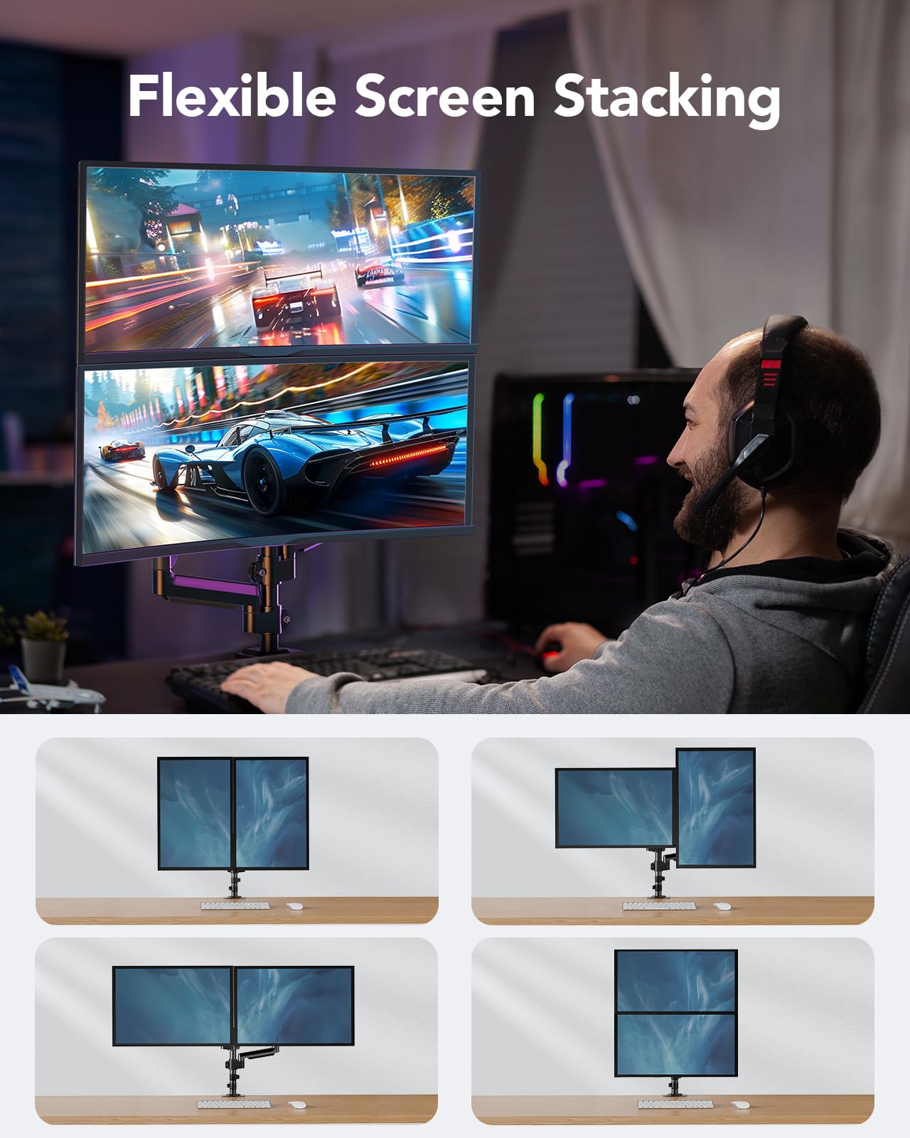 HUANUO Dual Monitor Mount up to 32 inches Screens, Taller Monitor Stand Hold 19.8lbs, Dual Monitor Arm Desk Mount Easy Adjustable with Tilt, Swivel, Rotation, VESA 75/100mm